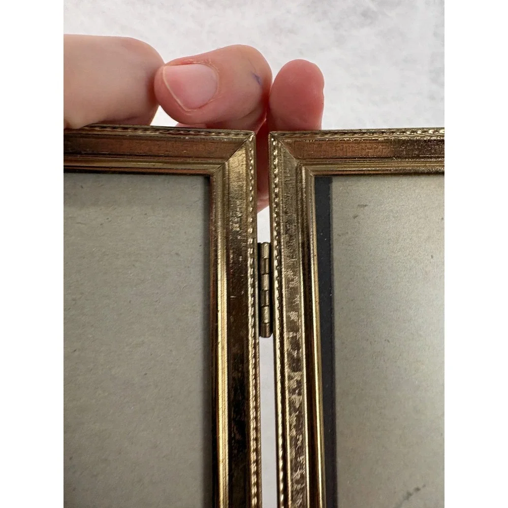 Vintage Gold Metal Glass Double Picture Frame Folding Hinged 5x7 Tabletop Decor